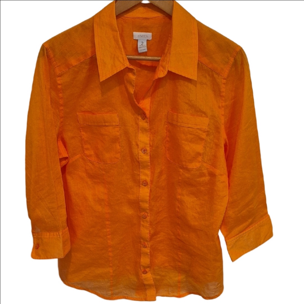 Chico's Bright Orange Button Front Lightweight Shirt In Chico's Size 2
